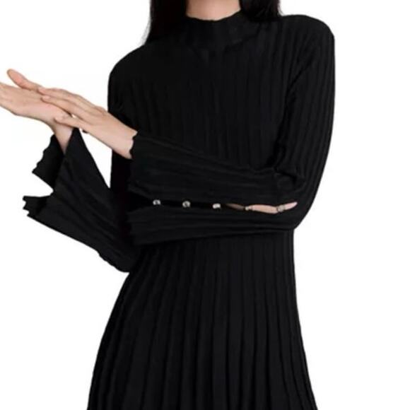 Maje Raffie Ribbed Flared Dress black bell sleeve size 36 - Picture 6 of 8